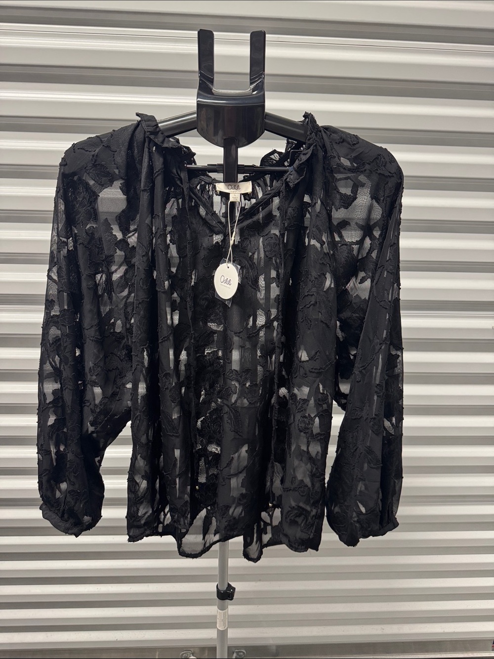 Oasis Black Sheer Floral Burnout Tie-Neck Blouse